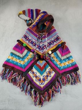 Hand Made Knit Colorful Chunky Hooded Tassle Poncho One Size